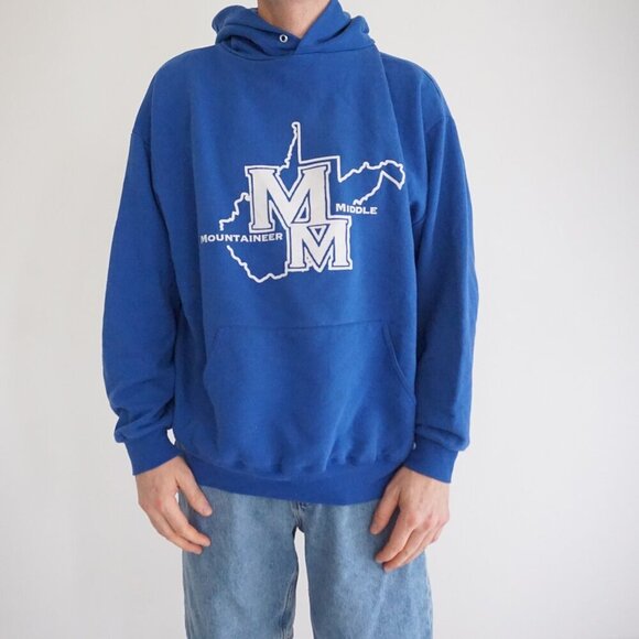 VTG '90S Mountaineer Middle Collegiate Blue Cotton Hoodie Sweatshirt Jerzees XL - Picture 1 of 10